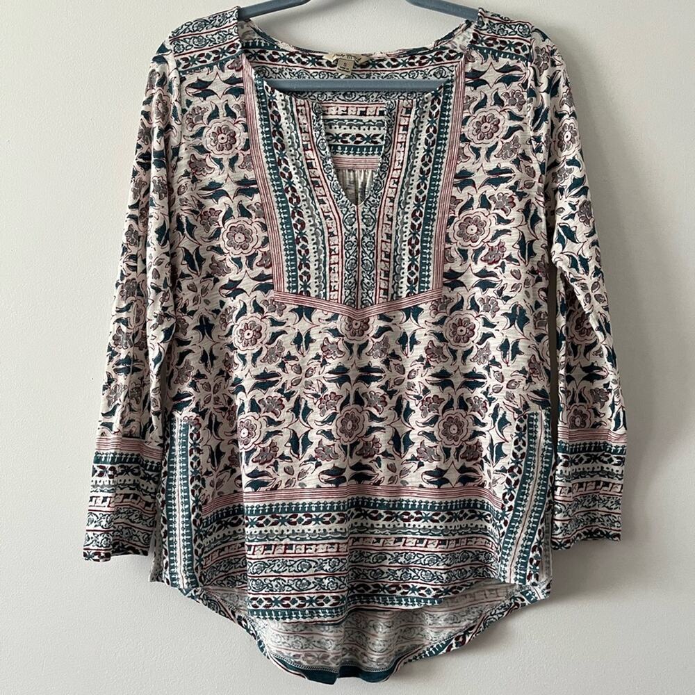 Lucky Brand Boho Floral Print L/S Cream Green Red Blouse sz Small